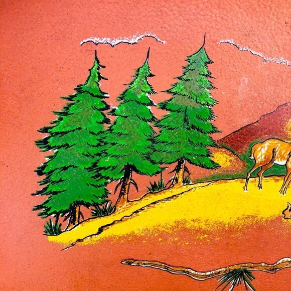 60s Fiberware Serving Tray Hand Painted Woodland Mountain Scene Deer Family - Picture 2 of 10